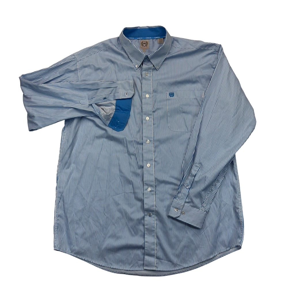 Cinch Mens XL Blue White Striped Western Button Down Shirt MTW1105254